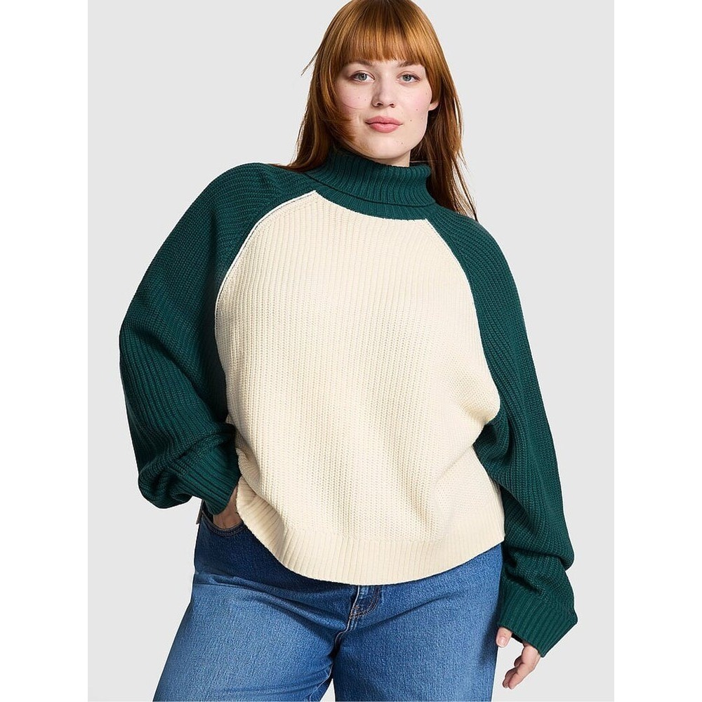 Victoria's Secret PINK‎ Colorblock Turtleneck Sweater Green White XS NEW